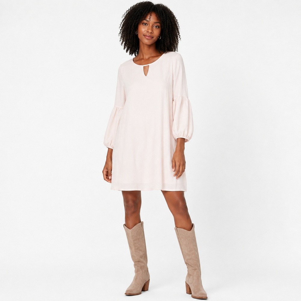 As U Wish Balloon Sleeve Keyhole Solid Shift Dress Blush Pink Romantic Size M